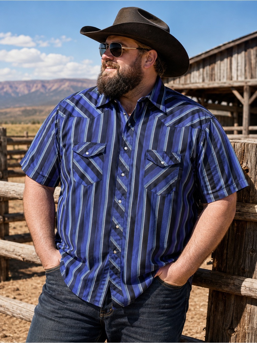 Vintage Wrangler Western Shirt Mens XL Blue Striped Pearl Snap Short Sleeve